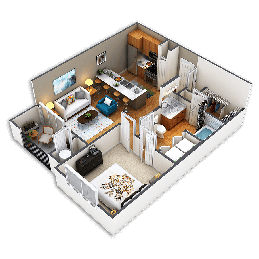 Rendering of the Broadway floor plan with 1 bedroom[s] and 1 bathroom[s] at Griffis Fitzsimons South