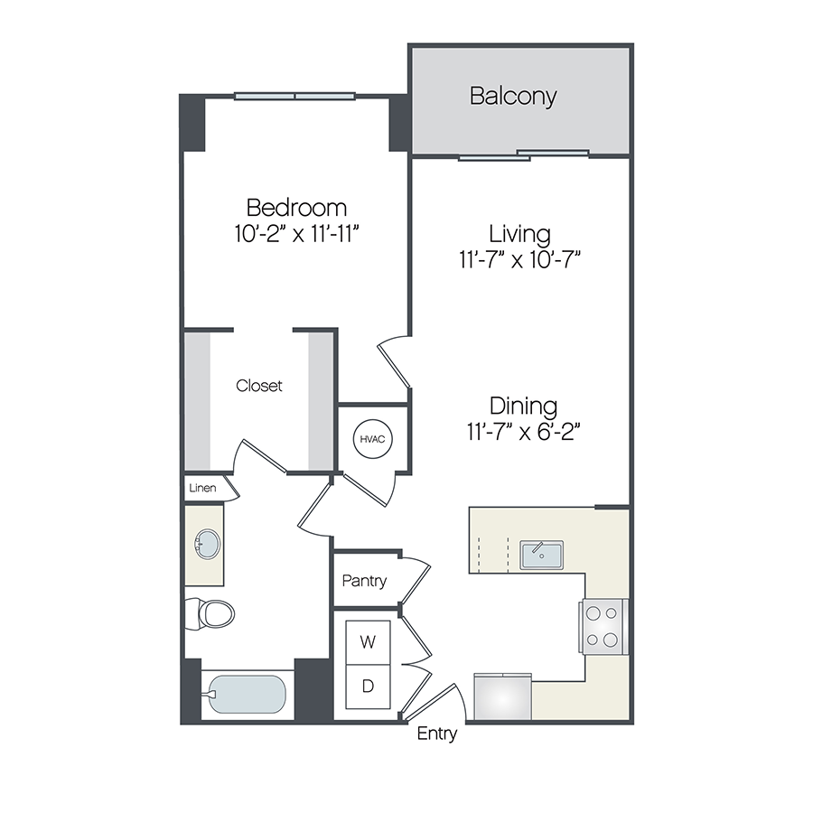 Rendering of the Palm floor plan with 1 bedroom[s] and 1 bathroom[s] at Griffis West Palm