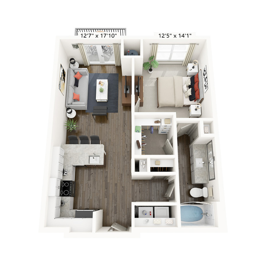 Rendering of the Gaylord floor plan with 1 bedroom[s] and 1 bathroom[s] at Griffis Frisco
