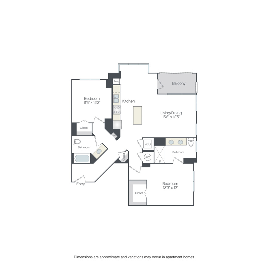 Rendering of the Norfolk floor plan with 2 bedroom[s] and 2 bathroom[s] at Griffis Edgemoor