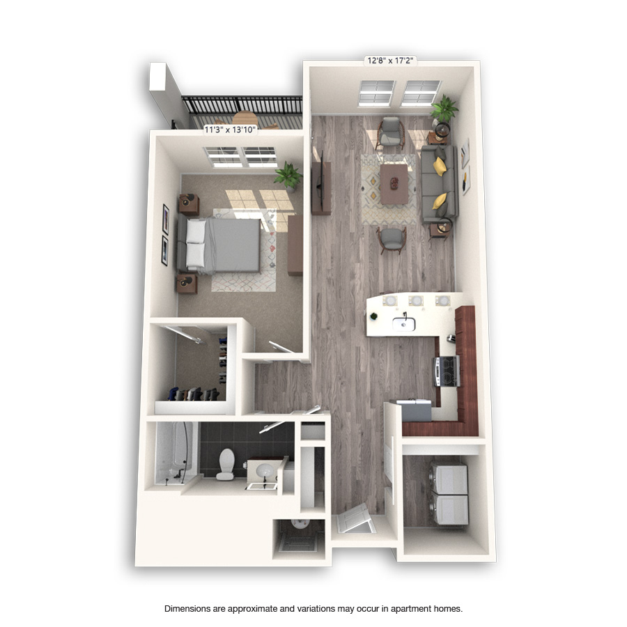Rendering of the Fuller floor plan with 1 bedroom[s] and 1 bathroom[s] at Griffis Cheesman Park