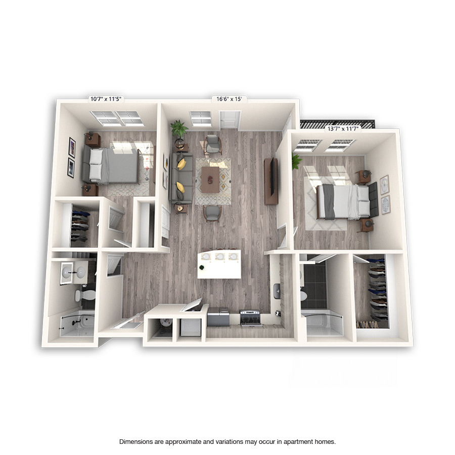 Rendering of the Berkeley Platinum floor plan with 2 bedroom[s] and 2 bathroom[s] at Griffis Cheesman Park
