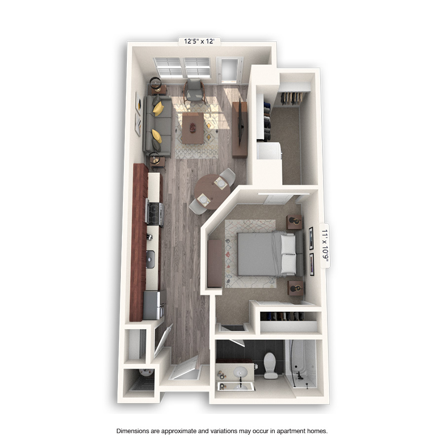 Rendering of the Southmoor floor plan with 1 bedroom[s] and 1 bathroom[s] at Griffis Cheesman Park