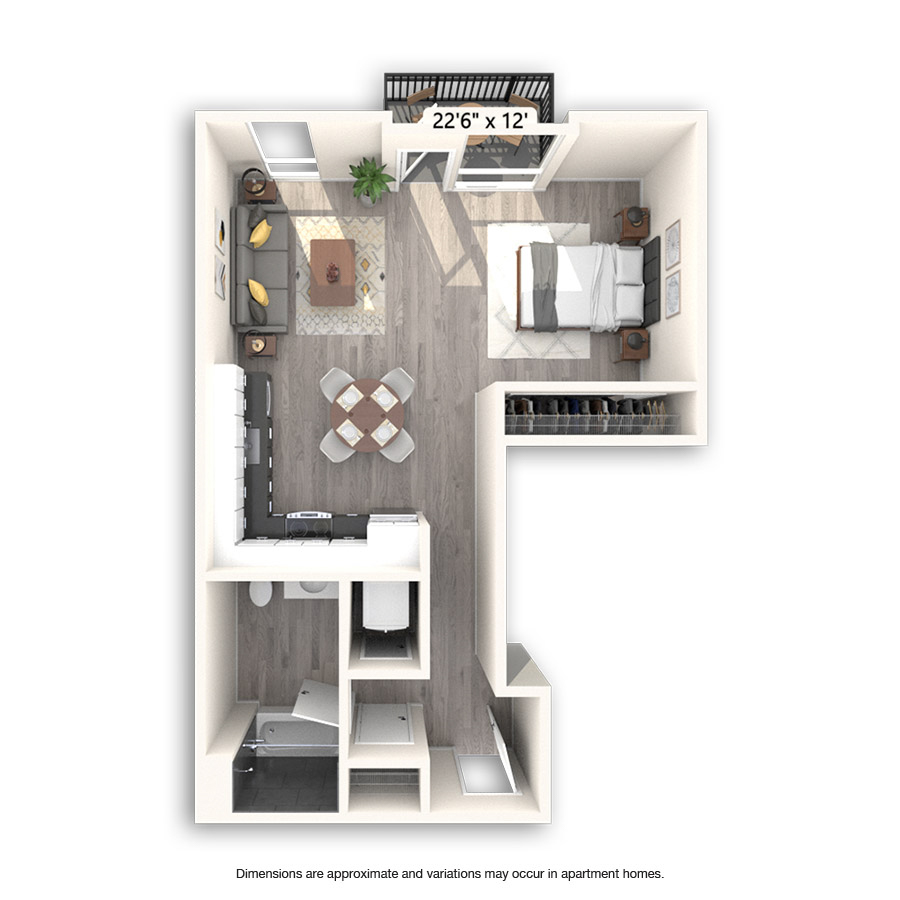 Rendering of the Iowa floor plan with a Studio bedroom and 1 bathroom[s] at Griffis East Village
