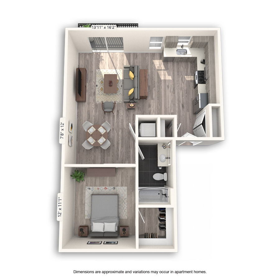 Rendering of the Jefferson Platinum floor plan with 1 bedroom[s] and 1 bathroom[s] at Griffis Cheesman Park