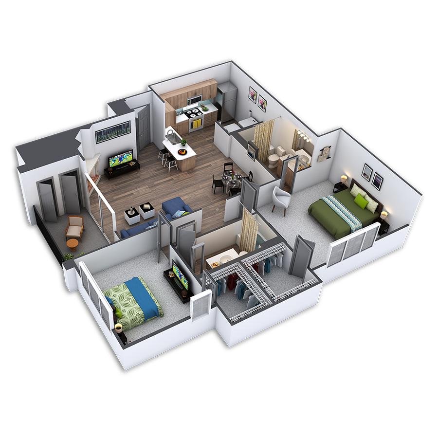 Rendering of the Renfe Custom floor plan with 2 bedroom[s] and 2 bathroom[s] at Griffis Belleview Station