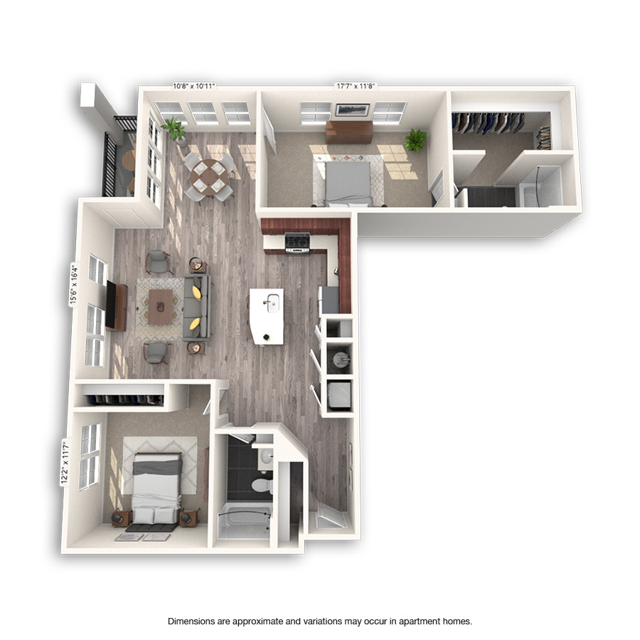 Rendering of the Sloan floor plan with 2 bedroom[s] and 2 bathroom[s] at Griffis Cheesman Park