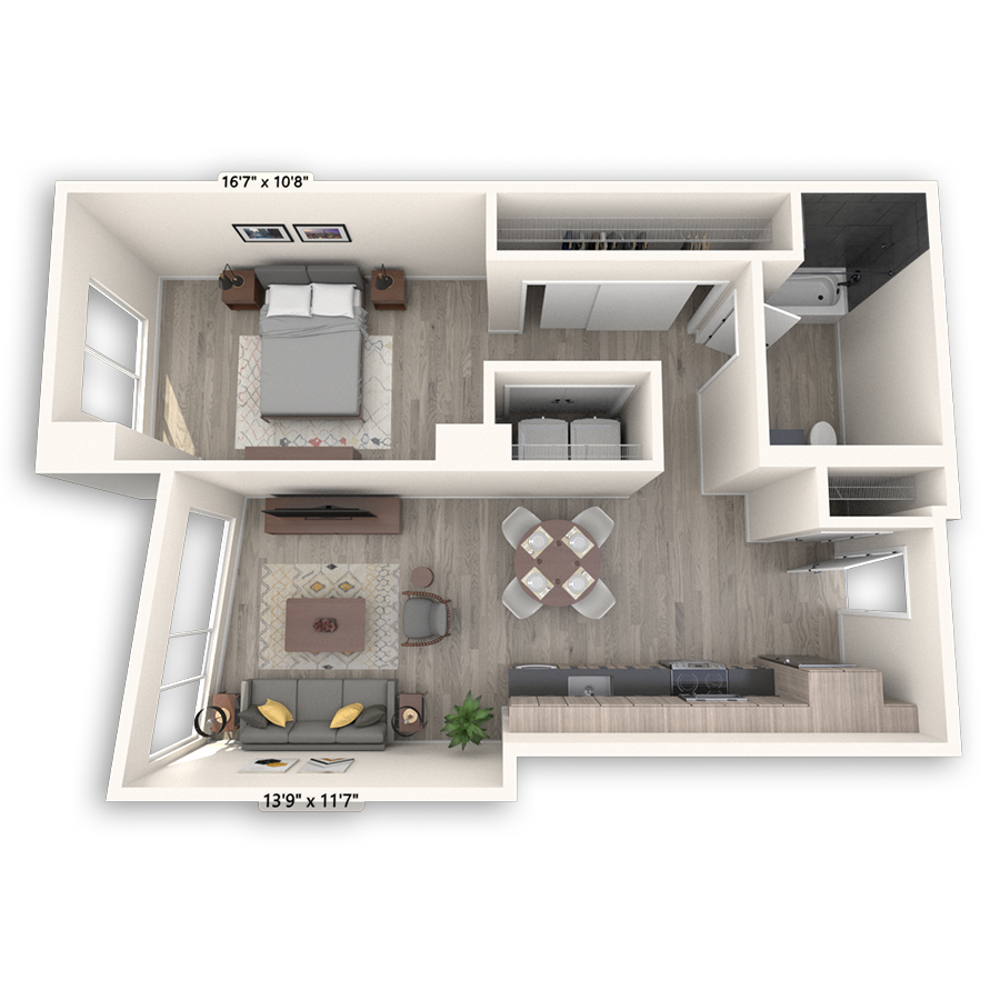 Rendering of the Union Platinum floor plan with 1 bedroom[s] and 1 bathroom[s] at Griffis Seattle Waterfront