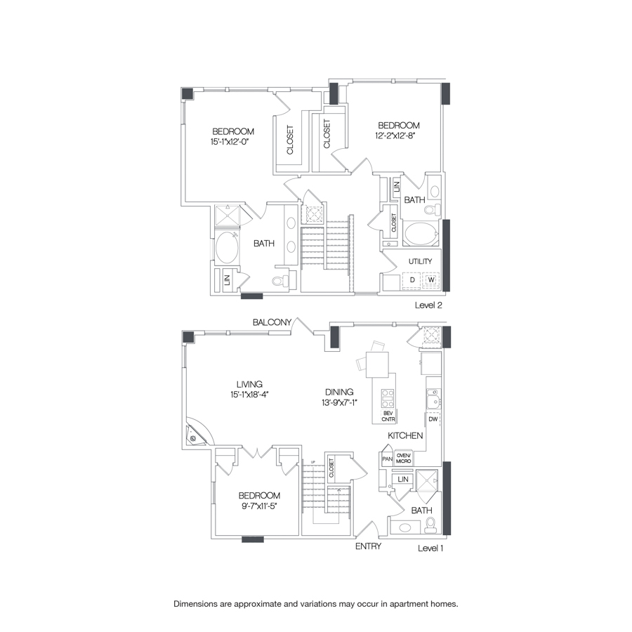 Rendering of the Turtle Creek floor plan with 3 bedroom[s] and 3 bathroom[s] at Griffis Uptown