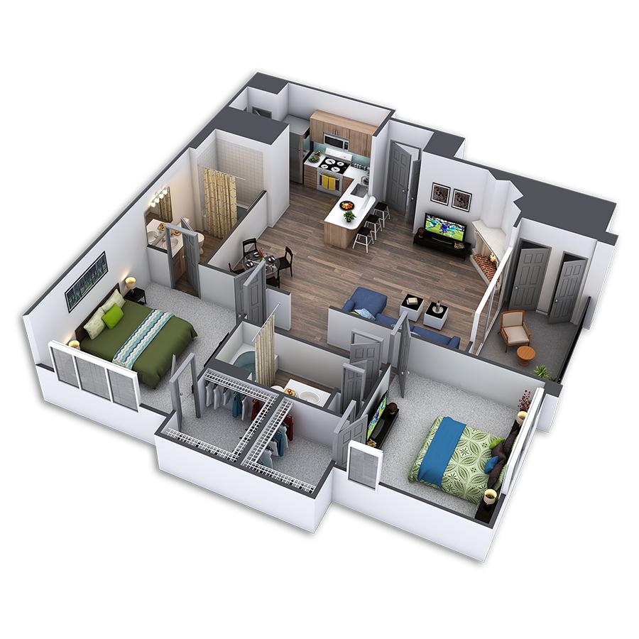 Rendering of the Zephyr Platinum floor plan with 2 bedroom[s] and 2 bathroom[s] at Griffis Belleview Station