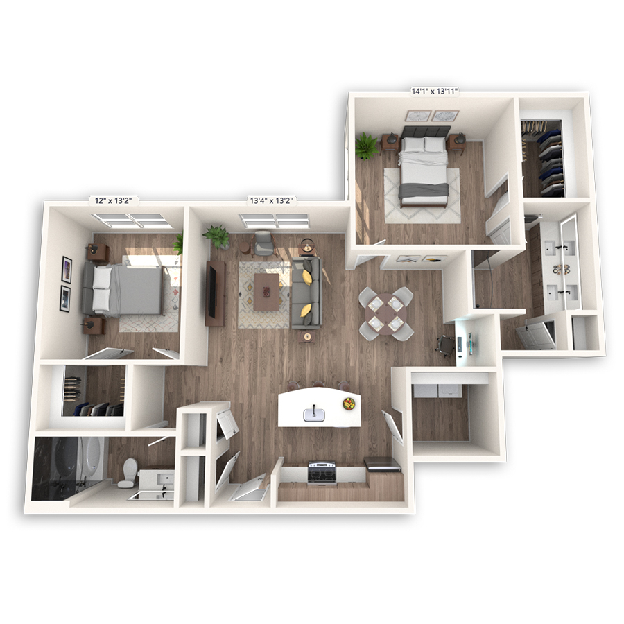 Rendering of the Cape Town Platinum floor plan with 2 bedroom[s] and 2 bathroom[s] at Griffis at The Domain