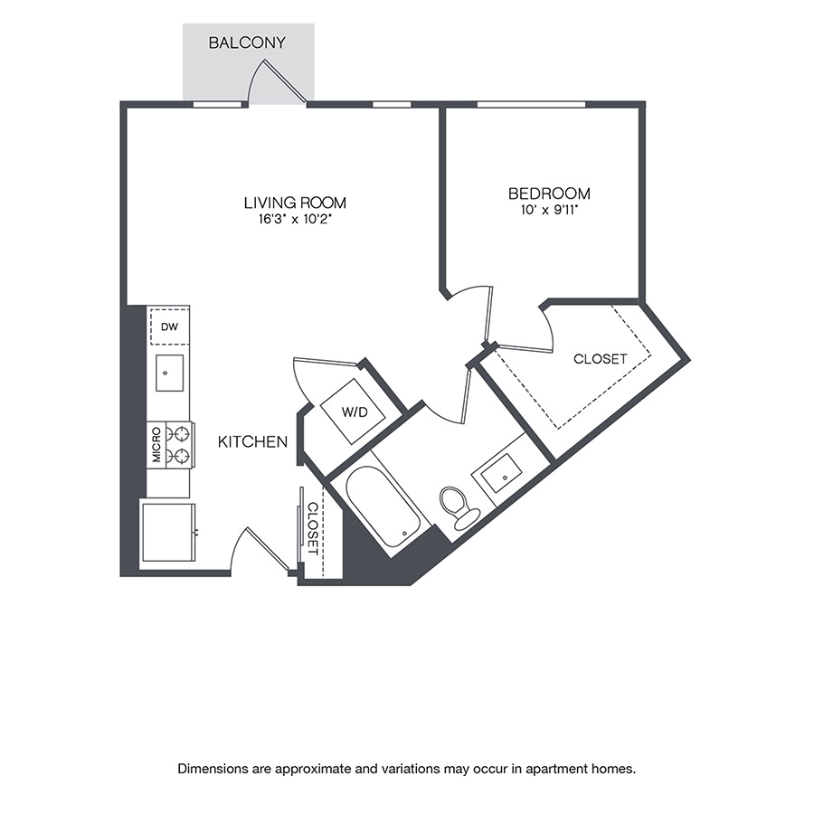 Rendering of the Interlake floor plan with 1 bedroom[s] and 1 bathroom[s] at Griffis Shoreline