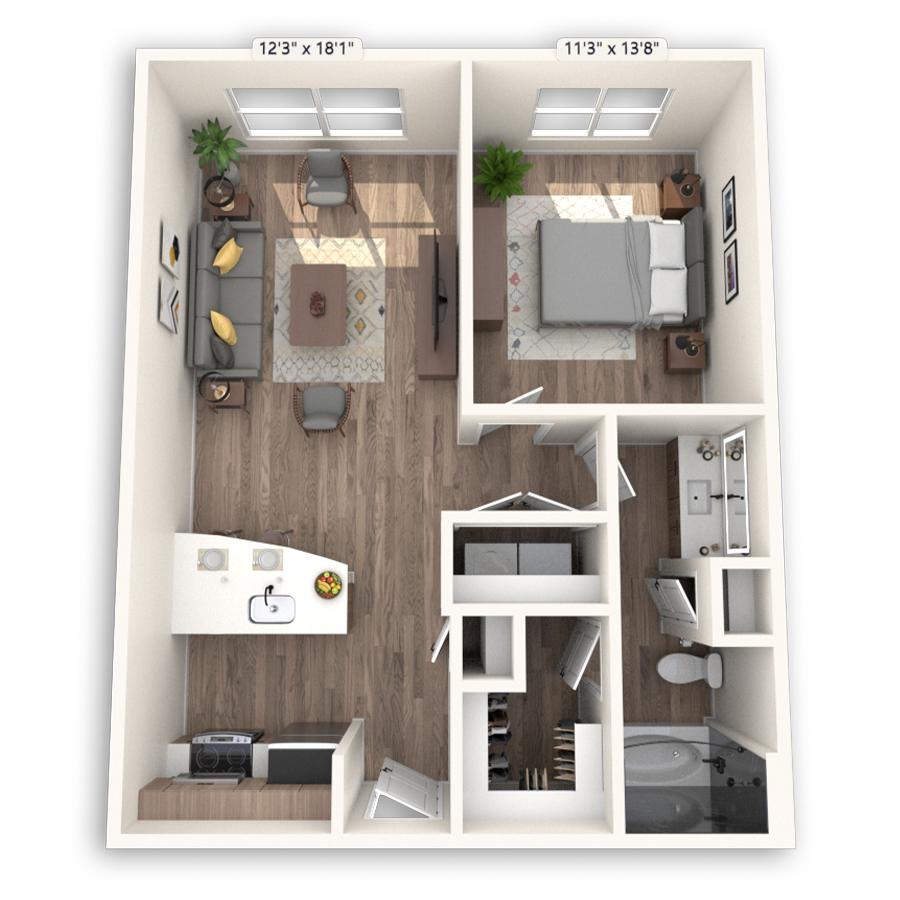 Rendering of the Rome floor plan with 1 bedroom[s] and 1 bathroom[s] at Griffis at The Domain