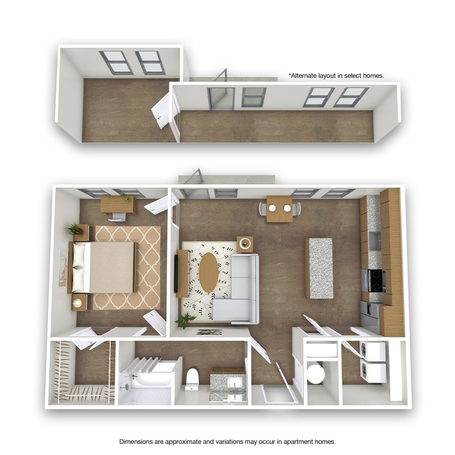Rendering of the Rosewood floor plan with 1 bedroom[s] and 1 bathroom[s] at Griffis Test Oak Lawn