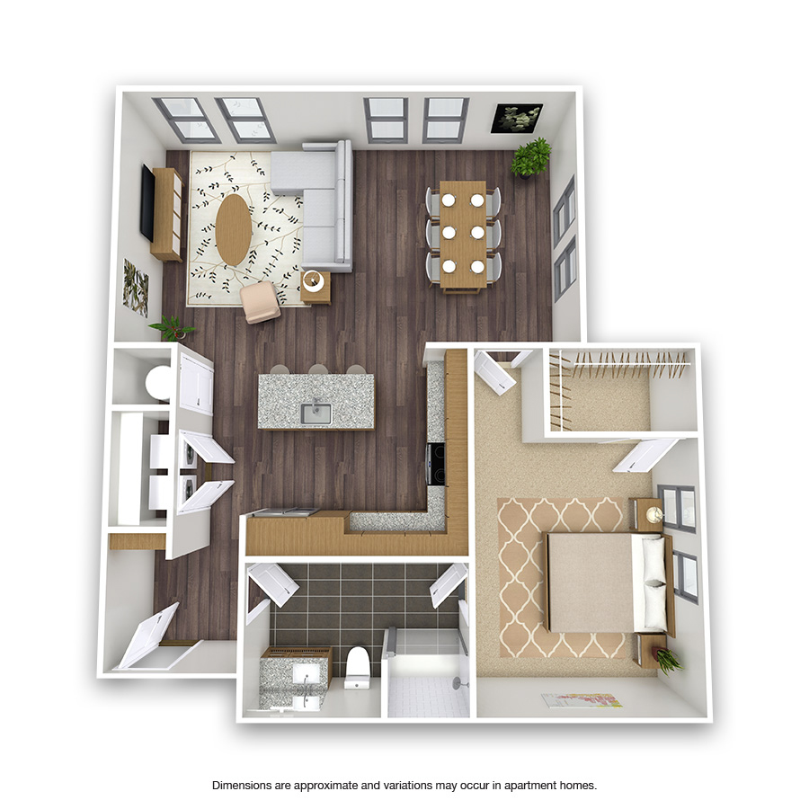 Rendering of the Routh floor plan with 1 bedroom[s] and 1 bathroom[s] at Griffis Test Oak Lawn