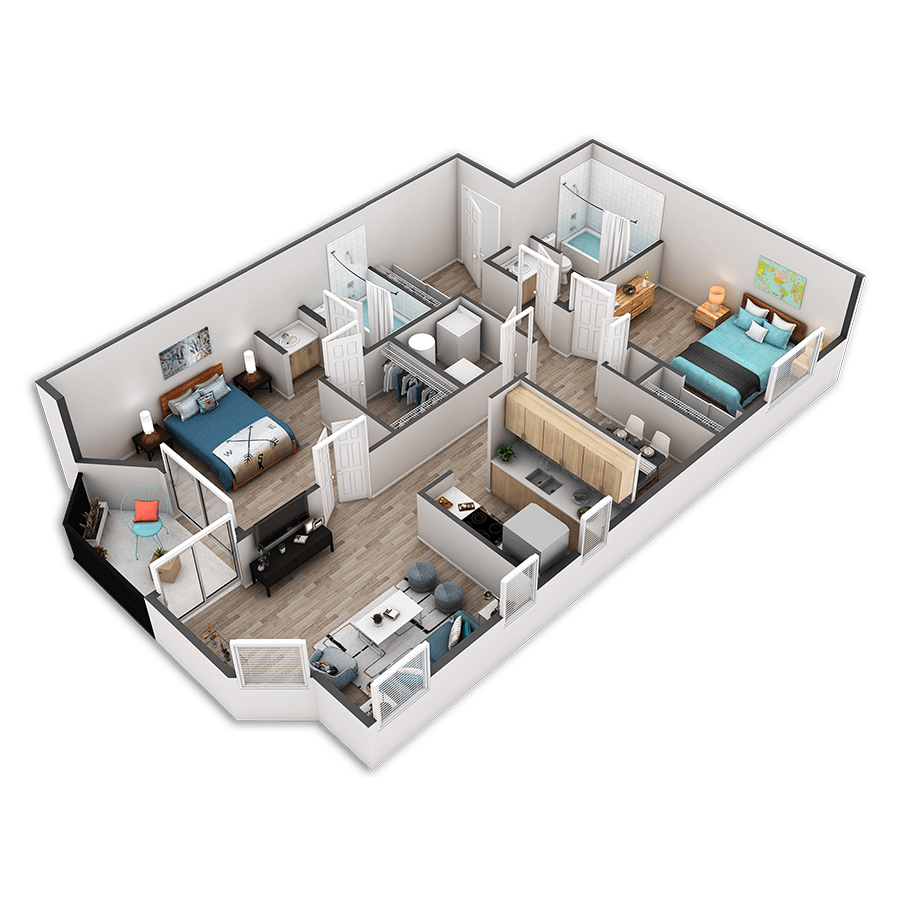 Rendering of the Evergreen Platinum floor plan with 2 bedroom[s] and 2 bathroom[s] at Griffis Belltown
