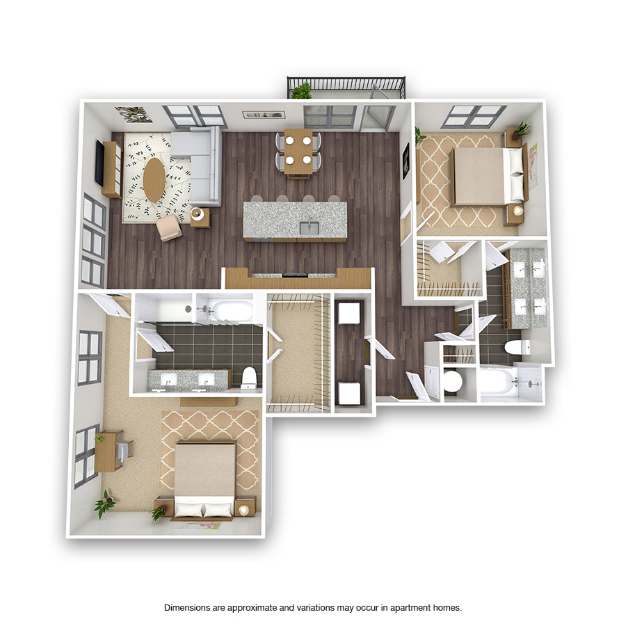 Rendering of the Wycliff floor plan with 2 bedroom[s] and 2 bathroom[s] at Griffis Test Oak Lawn