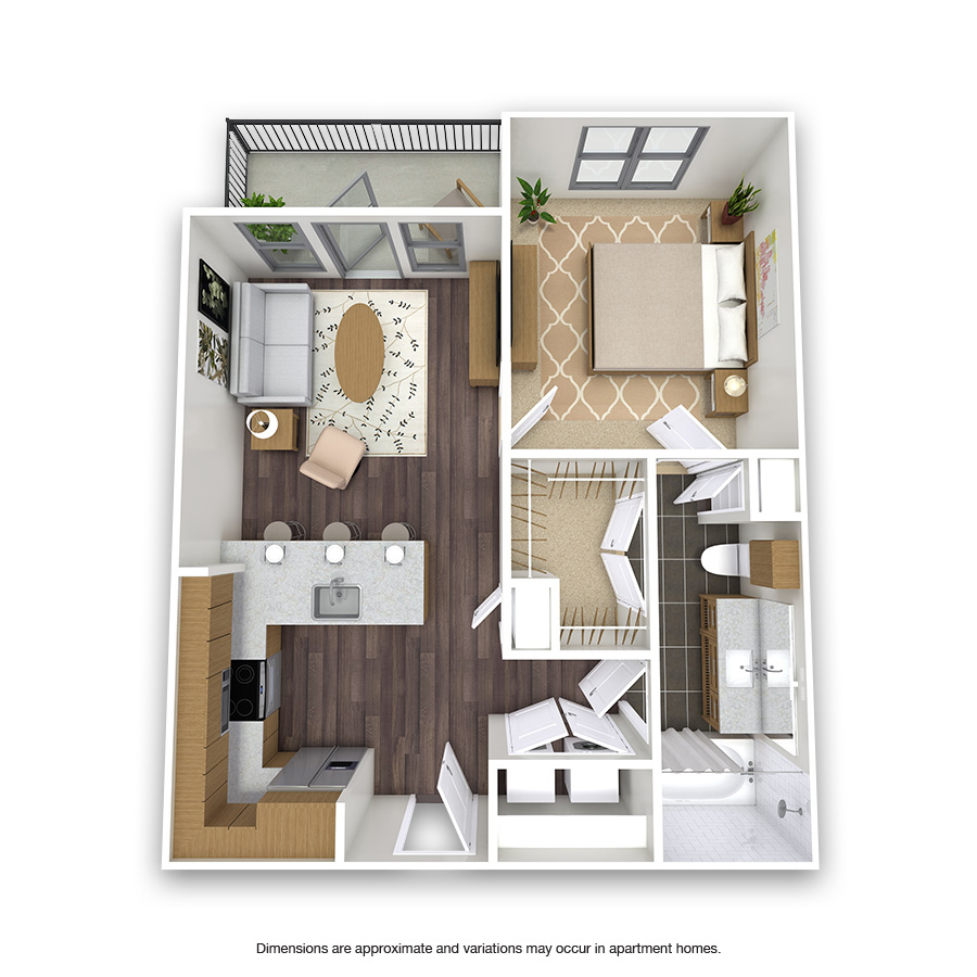 Rendering of the Enid floor plan with 1 bedroom[s] and 1 bathroom[s] at Griffis Test Oak Lawn