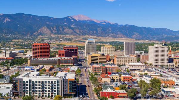 Aerial view of downtown Colorado Springs, Colorado.