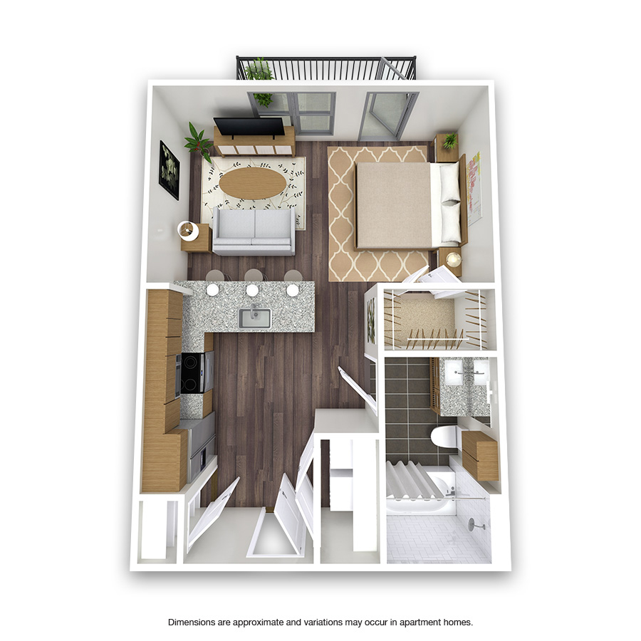 Rendering of the Arroyo floor plan with a Studio bedroom and 1 bathroom[s] at Griffis Test Oak Lawn