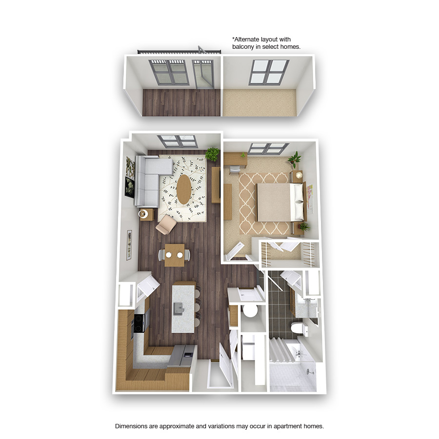 Rendering of the Hartford floor plan with 1 bedroom[s] and 1 bathroom[s] at Griffis Test Oak Lawn