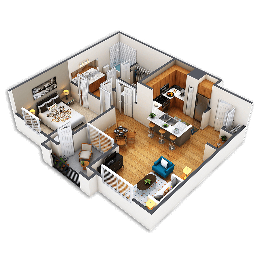 Rendering of the Market floor plan with 1 bedroom[s] and 1 bathroom[s] at Griffis Fitzsimons South