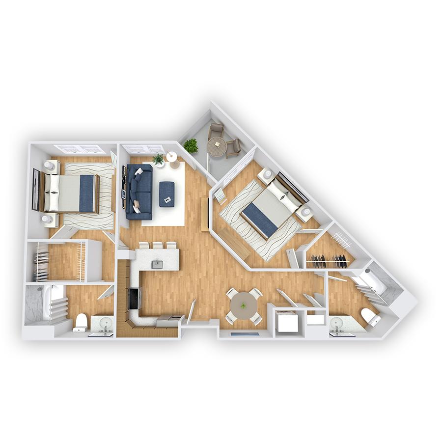 Rendering of the Northwood Affordable floor plan with 2 bedroom[s] and 2 bathroom[s] at Griffis South Bay