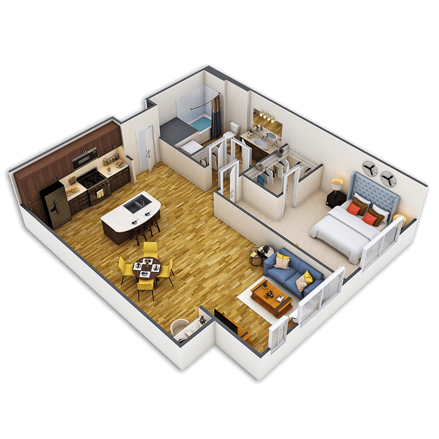 Rendering of the Curtis floor plan with 1 bedroom[s] and 1 bathroom[s] at Griffis Union Station