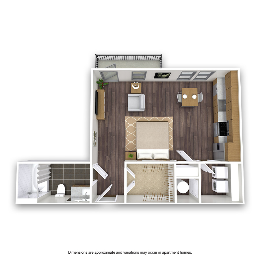 Rendering of the Cedar Springs floor plan with a Studio bedroom and 1 bathroom[s] at Griffis Test Oak Lawn