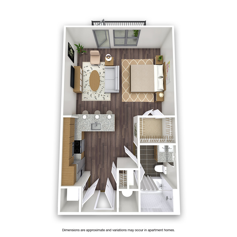 Rendering of the Brown floor plan with a Studio bedroom and 1 bathroom[s] at Griffis Test Oak Lawn