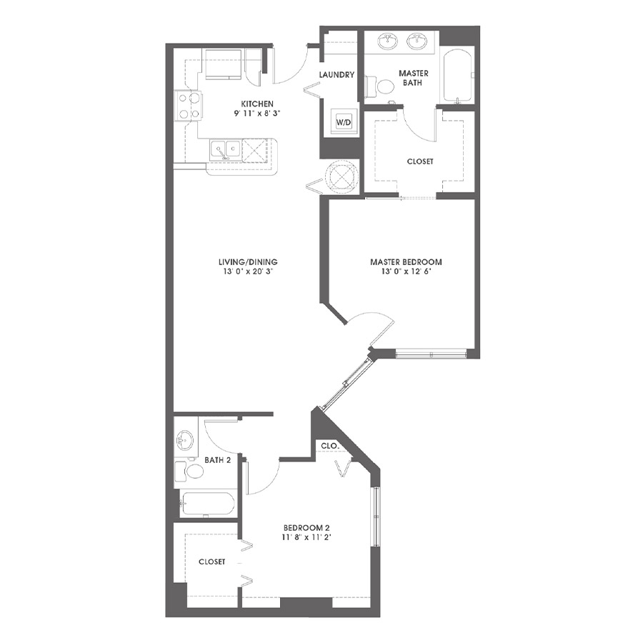 Rendering of the Hillsboro Platinum floor plan with 2 bedroom[s] and 2 bathroom[s] at Griffis Pompano Beach