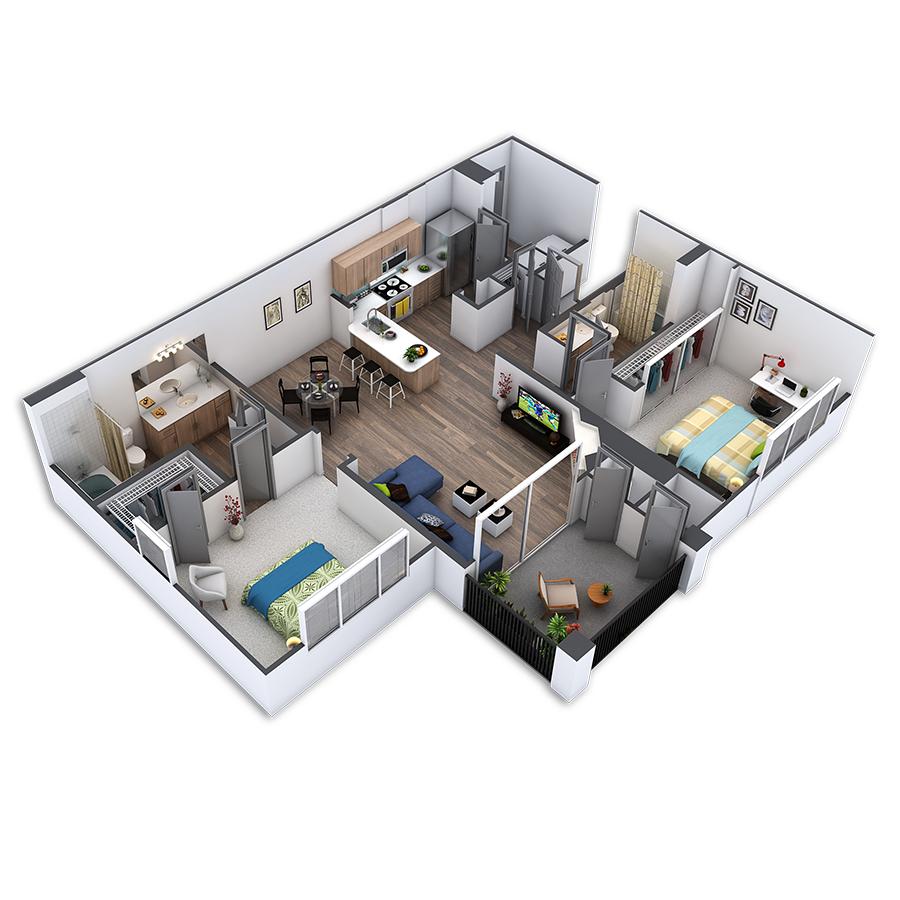 Rendering of the Metro Platinum floor plan with 2 bedroom[s] and 2 bathroom[s] at Griffis Belleview Station