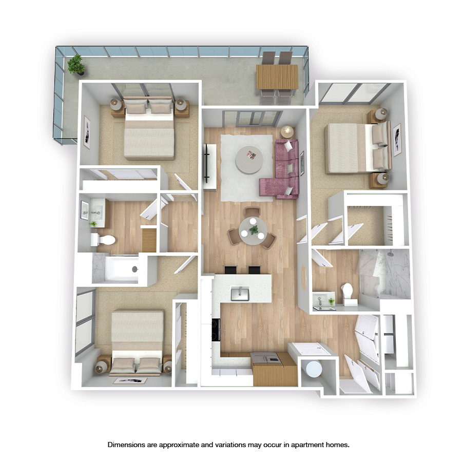 Rendering of the Singer floor plan with 3 bedroom[s] and 2 bathroom[s] at Griffis West Palm