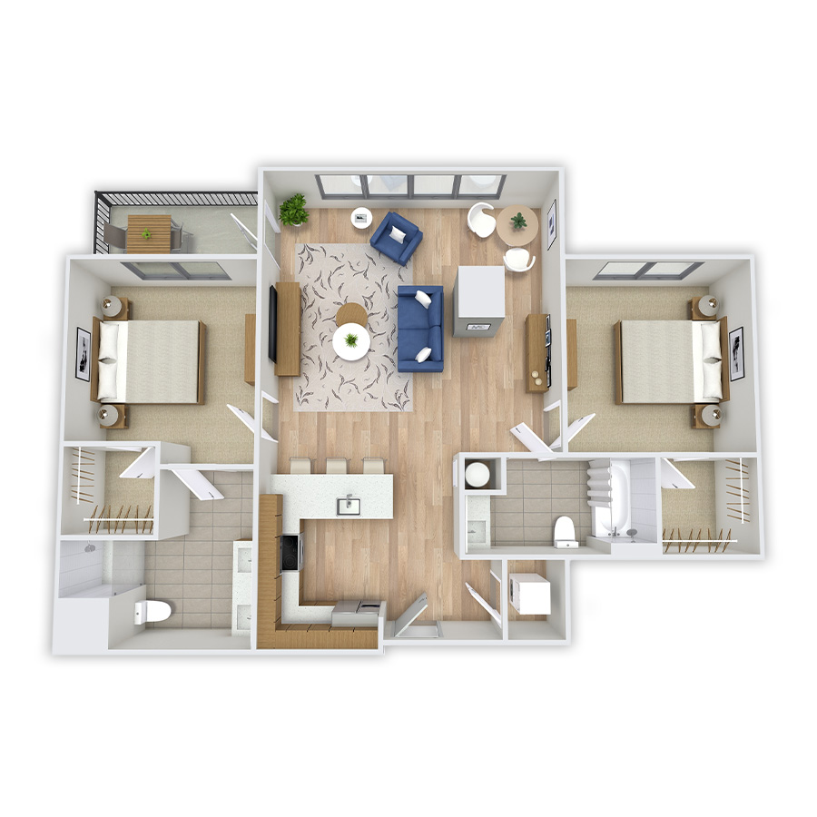 Rendering of the Kenosha floor plan with 2 bedroom[s] and 2 bathroom[s] at Griffis Platform Union Station