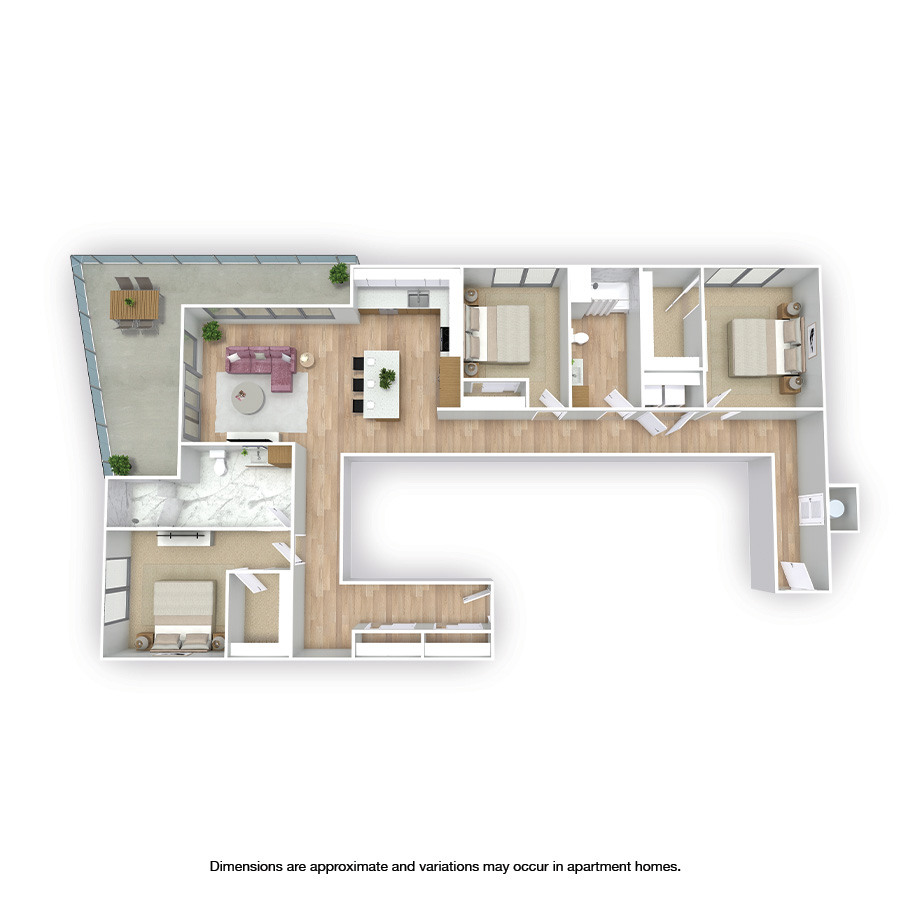 Rendering of the Surfside floor plan with 3 bedroom[s] and 2 bathroom[s] at Griffis West Palm