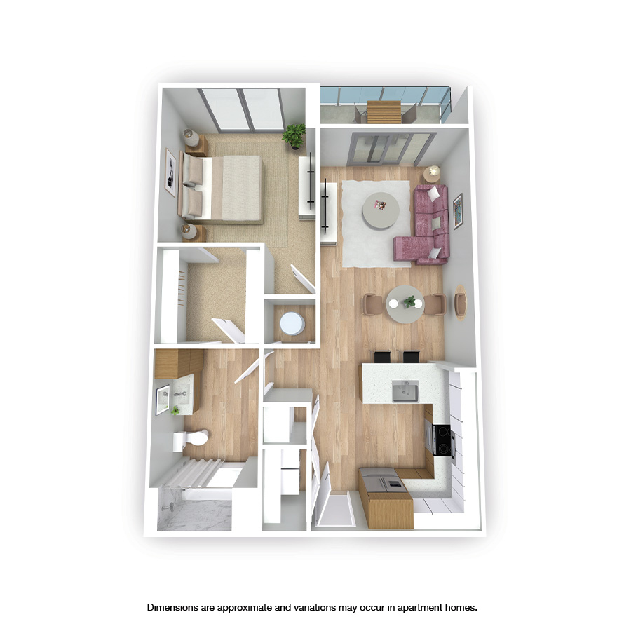 Rendering of the Palm floor plan with 1 bedroom[s] and 1 bathroom[s] at Griffis West Palm