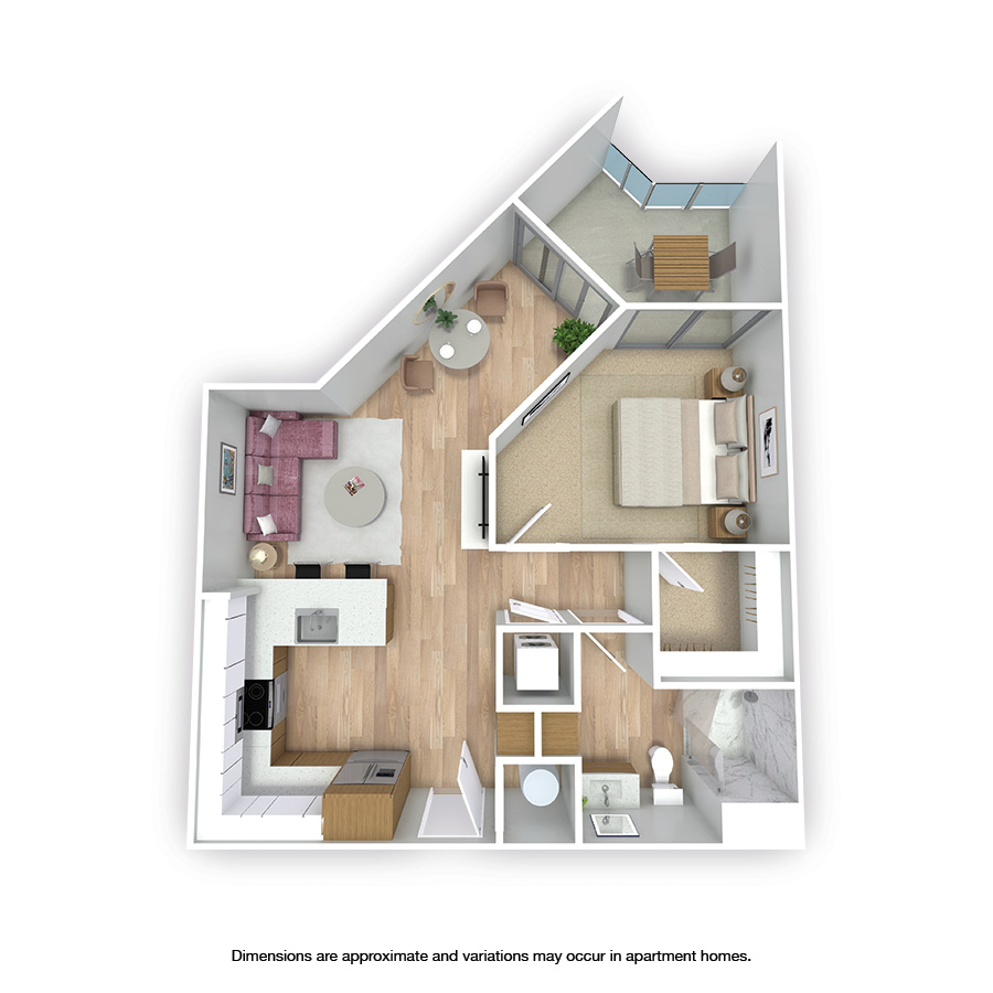 Rendering of the Jupiter floor plan with 1 bedroom[s] and 1 bathroom[s] at Griffis West Palm