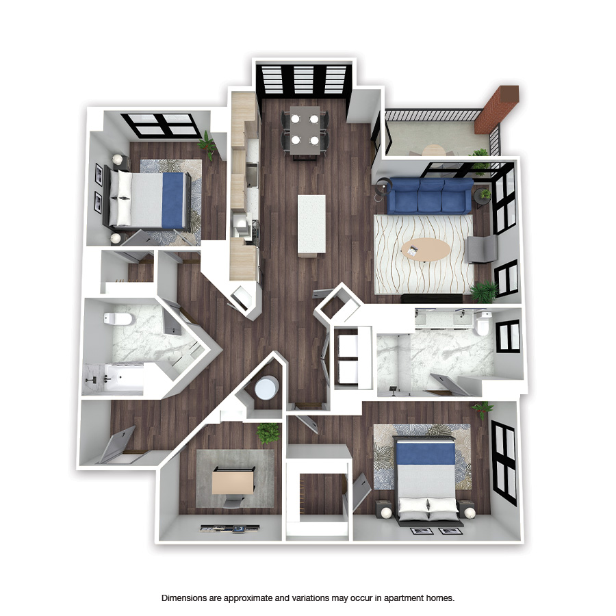Rendering of the Nottingham floor plan with 2 bedroom[s] and 2 bathroom[s] at Griffis Edgemoor