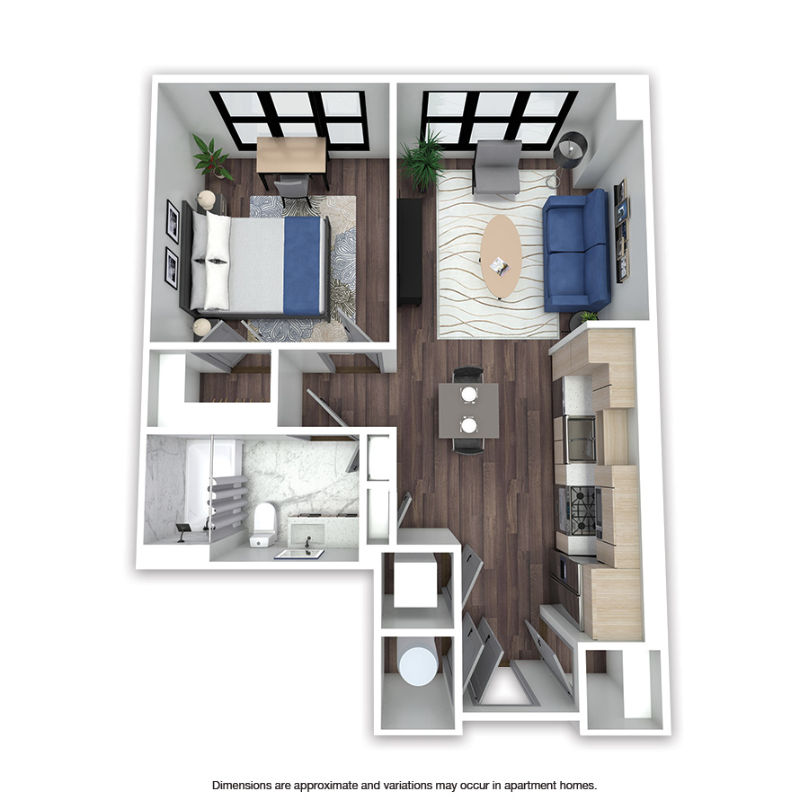 Rendering of the Chelsea floor plan with 1 bedroom[s] and 1 bathroom[s] at Griffis Edgemoor