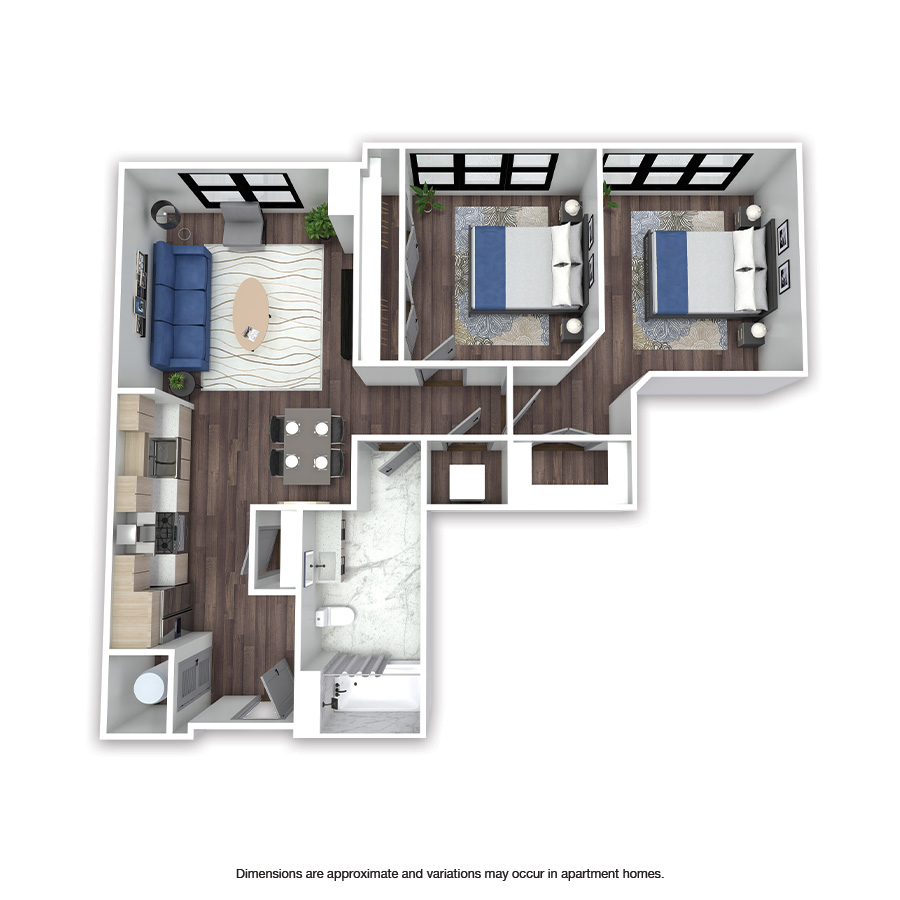Rendering of the Rosedale Affordable floor plan with 2 bedroom[s] and 1 bathroom[s] at Griffis Edgemoor