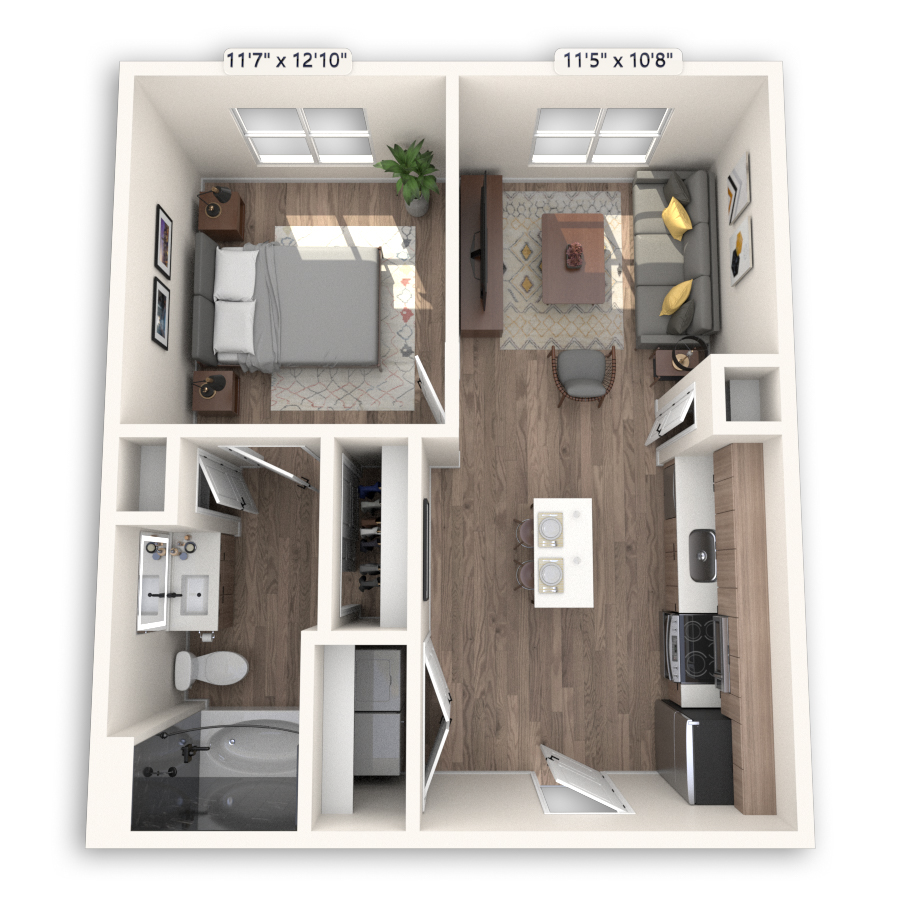 Rendering of the Los Angeles floor plan with 1 bedroom[s] and 1 bathroom[s] at Griffis at The Domain