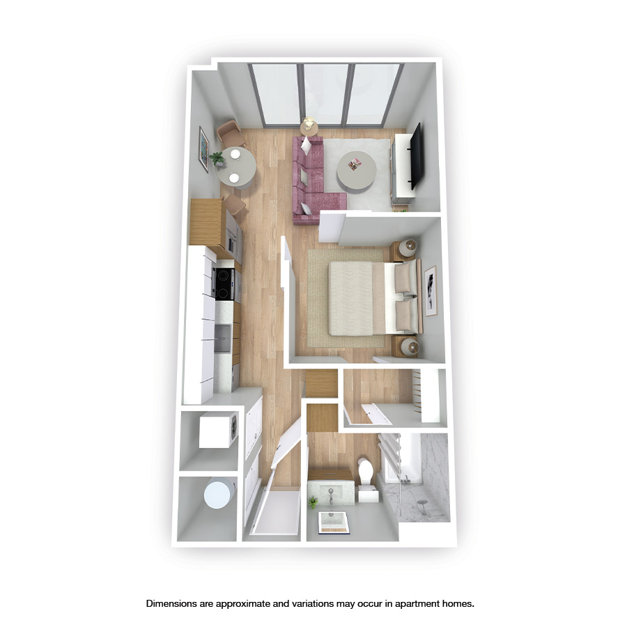 Rendering of the Hallandale floor plan with a Studio bedroom and 1 bathroom[s] at Griffis West Palm