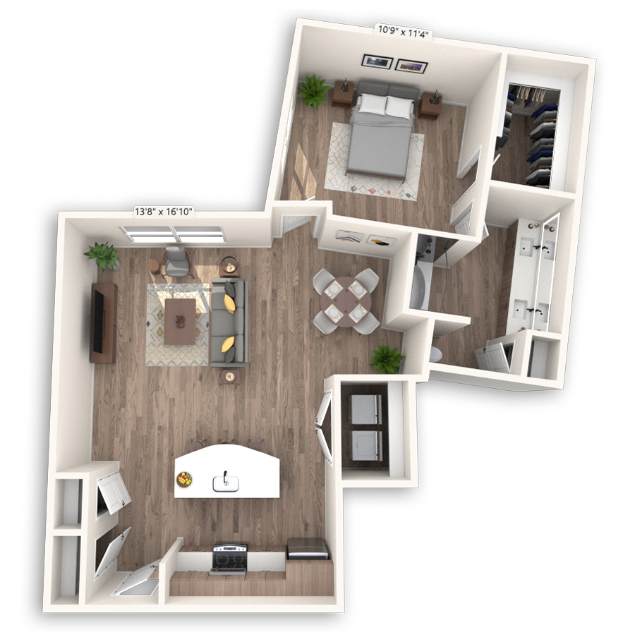 Rendering of the Tokyo Platinum floor plan with 1 bedroom[s] and 1 bathroom[s] at Griffis at The Domain