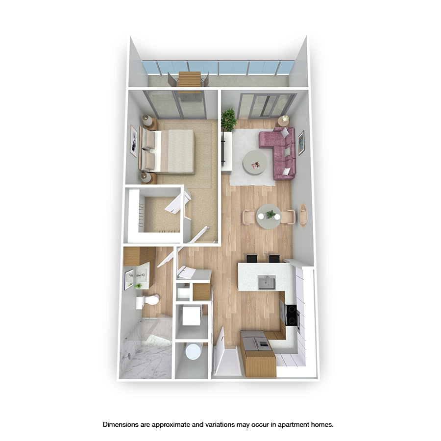 Rendering of the Juno floor plan with 1 bedroom[s] and 1 bathroom[s] at Griffis West Palm