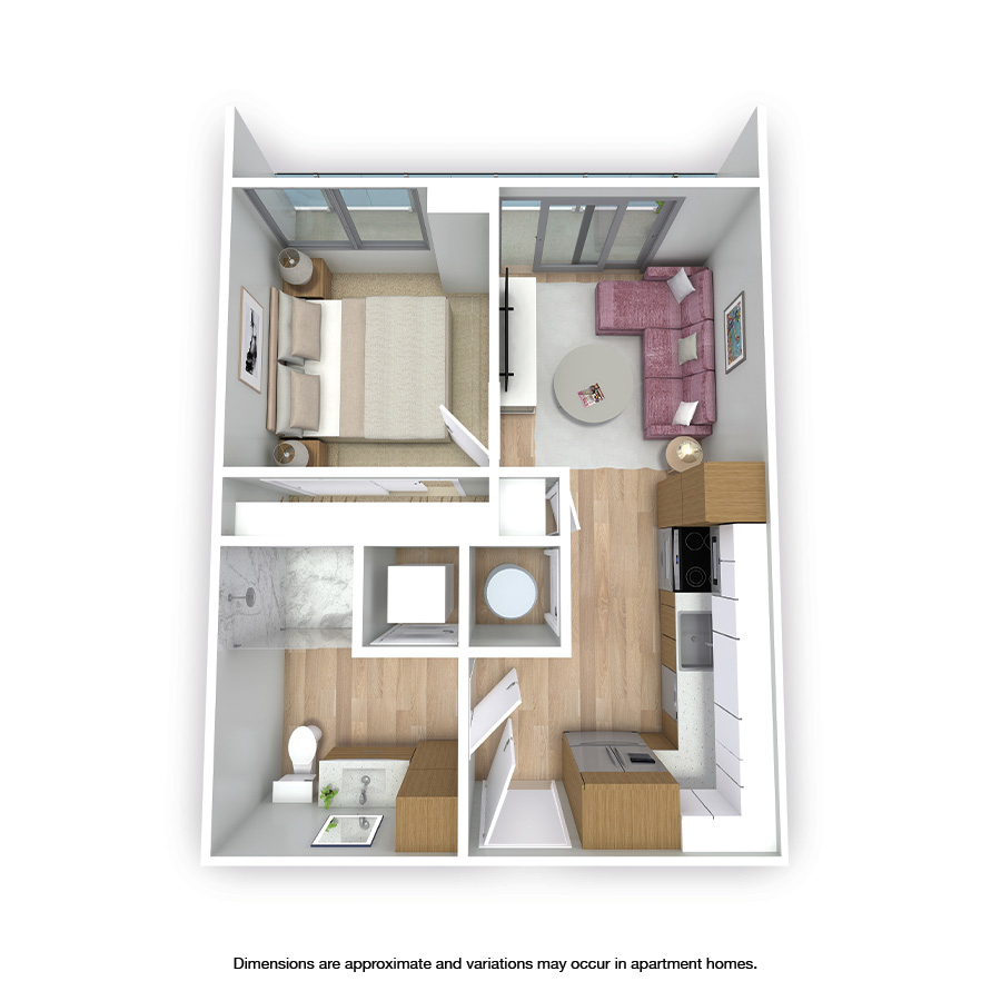 Rendering of the Cocoa floor plan with 1 bedroom[s] and 1 bathroom[s] at Griffis West Palm
