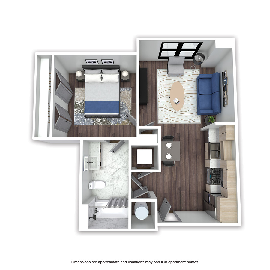 Rendering of the Auburn floor plan with 1 bedroom[s] and 1 bathroom[s] at Griffis Edgemoor
