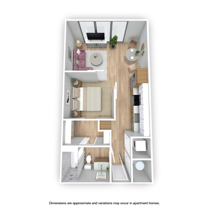 Rendering of the Hollywood floor plan with a Studio bedroom and 1 bathroom[s] at Griffis West Palm