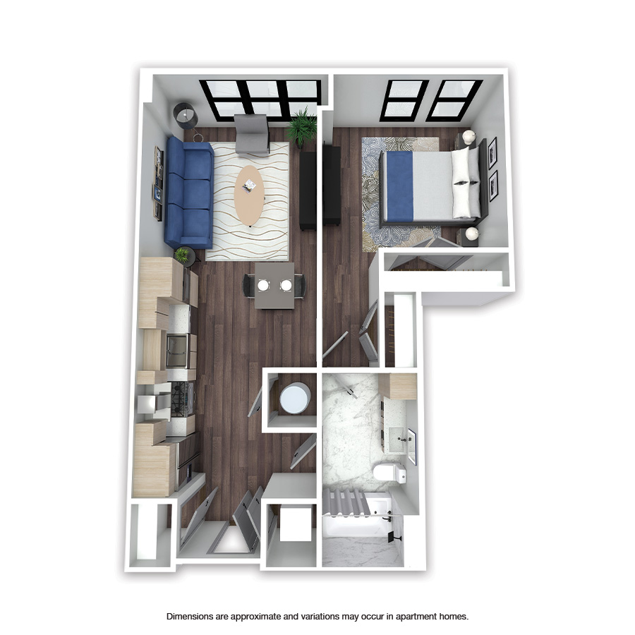 Rendering of the Cheltenham floor plan with 1 bedroom[s] and 1 bathroom[s] at Griffis Edgemoor