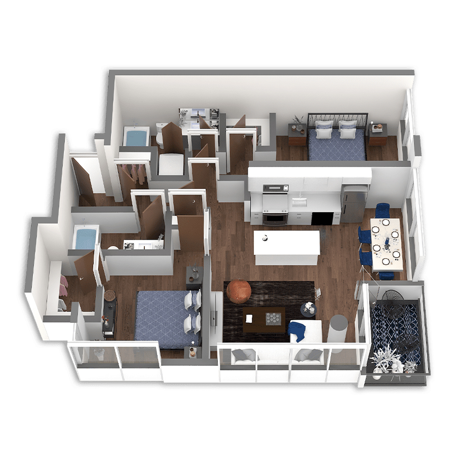 Rendering of the Row floor plan with 2 bedroom[s] and 2 bathroom[s] at Griffis South Waterfront