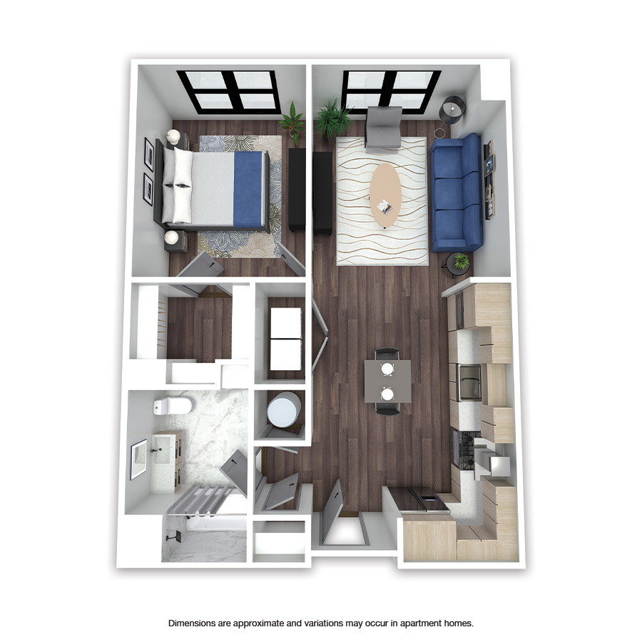 Rendering of the Chestnut floor plan with 1 bedroom[s] and 1 bathroom[s] at Griffis Edgemoor